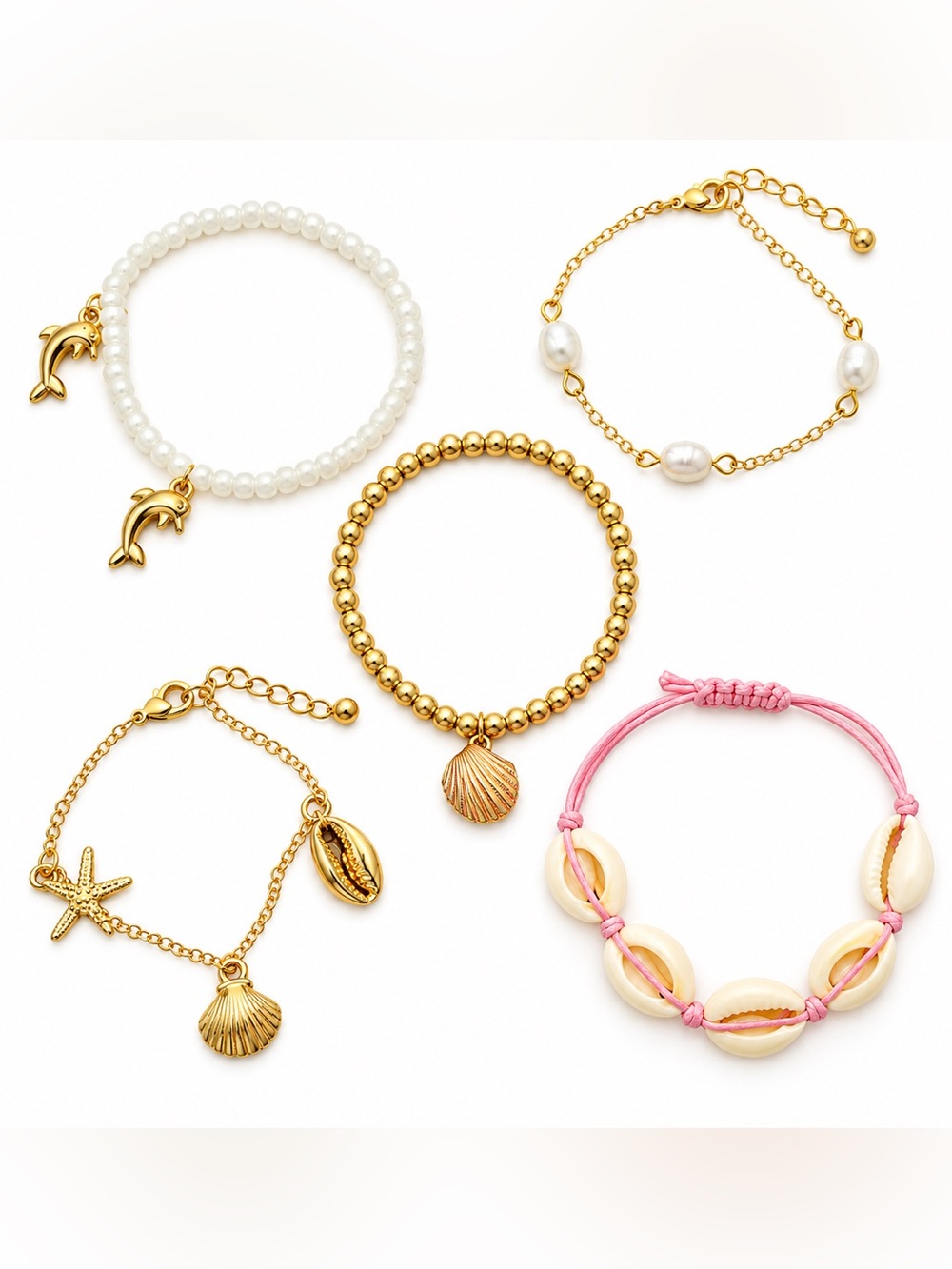 5 Piece Coastal Beach Bracelet Lot Shell Dolphin Pearl Gold Tone
